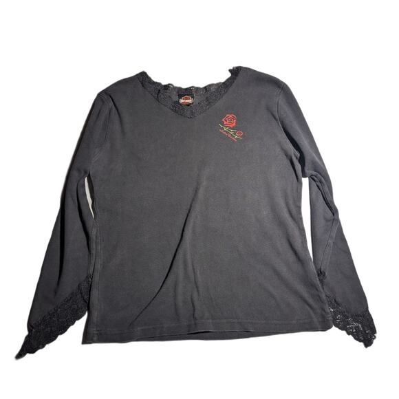 Vtg Y2K Harley Davidson Faded Black Cotton Bell Sleeve Lace Trim Rose Top L - Picture 1 of 5